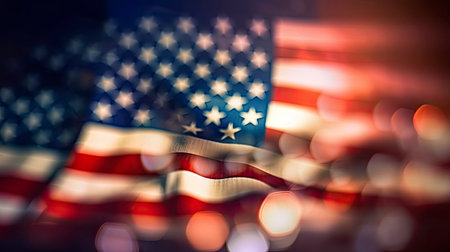 American flag with bokeh effect on dark background. Close up.の素材