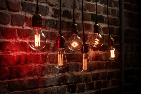 Vintage incandescent Edison light bulbs on brick wall background. selective focusの素材