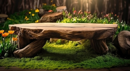 Wooden table in the garden with moss and flowers. 3d renderingの素材