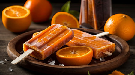 Homemade orange popsicles with fresh oranges and ice cubes on wooden backgroundの素材