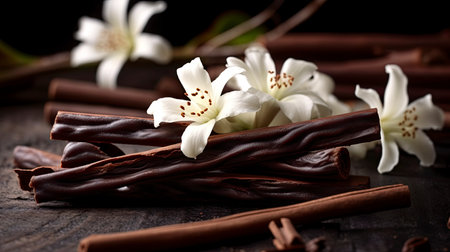 Chocolate sticks with white flowers on wooden table, close-upの素材