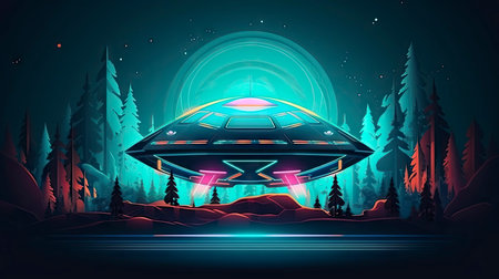 UFO flying over the night forest. Flying saucer. Vector illustration.の素材