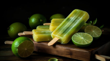 Homemade lime ice lolly with fresh limes on wooden backgroundの素材