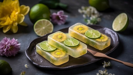 Homemade popsicles with kiwi and lime on dark backgroundの素材