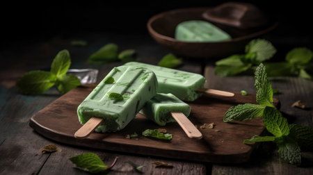 Homemade popsicles with mint and chocolate on a wooden background.の素材