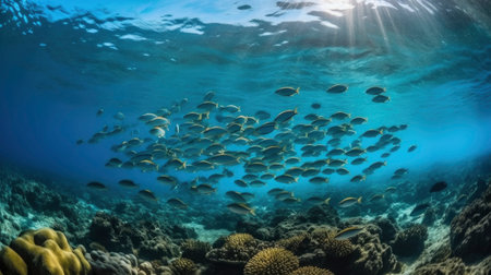 Underwater view of a school of fish on a coral reef.の素材