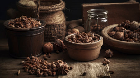Aromatic spices on a wooden background. Select focus. Toned.の素材