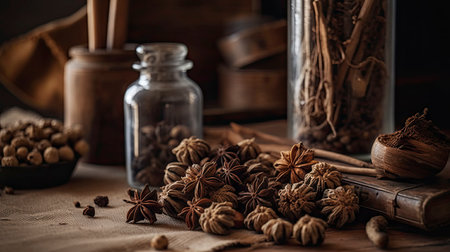 Spices and herbs on a rustic wooden table. Select focus.の素材