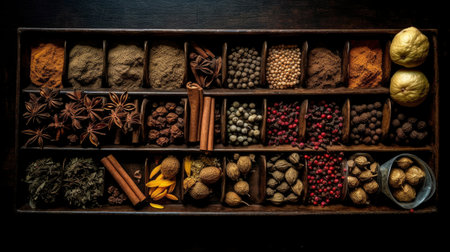 Spices and herbs in a wooden box on a dark background.の素材