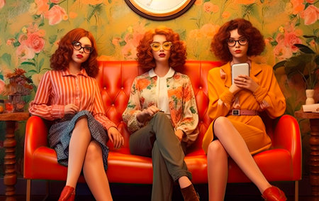 Three women in a luxury interior. Retro style.の素材