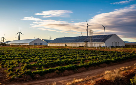Solar panels and wind turbines in a field at sunset, South Africaの素材