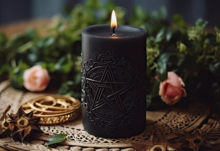 Burning black candle with star of David in a dark room.の素材