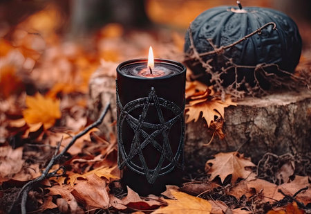 Black candle burning in the autumn forest. Halloween concept. copy spaceの素材