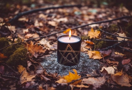 Burning candle in the autumn forest. Autumn mood. Select focus.の素材