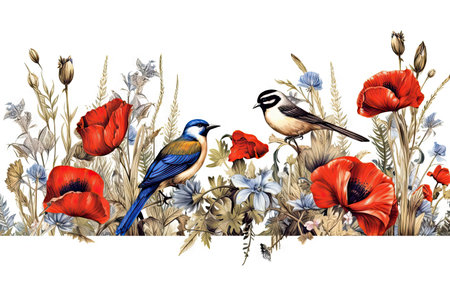 Seamless border with wild flowers and birds. watercolor illustrationの素材