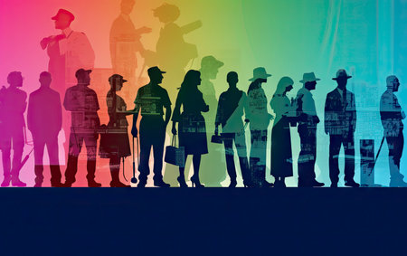 Silhouette of a group of people on a background of the cityの素材