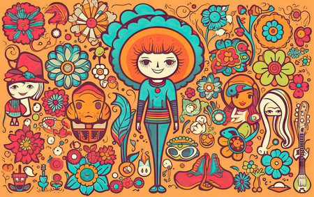 Mexican doodle vector illustration. Colorful detailed, with lots of objects backgroundの素材