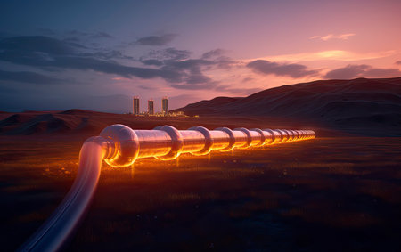 3D rendering of a gas pipeline in the desert at sunset.の素材