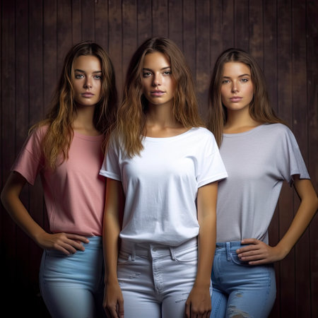 Three beautiful young women in white t-shirts and jeans posing on wooden backgroundの素材
