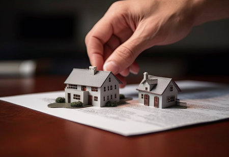 Real estate concept. Man hand put house model on the contract.の素材