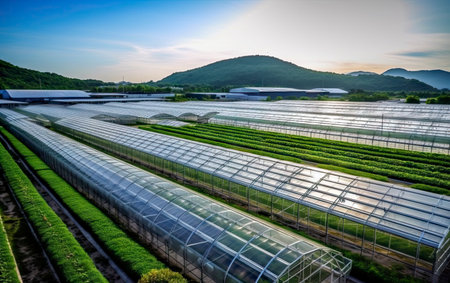 Greenhouses in the garden at sunset, Chiang Rai, Thailandの素材
