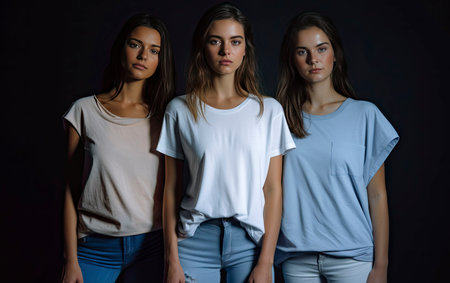 Three beautiful young women in white and blue t-shirts posing on black backgroundの素材