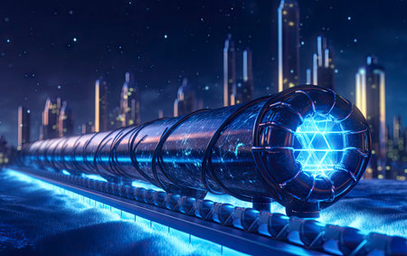 3D rendering of a futuristic city in the background. The concept of the future.の素材