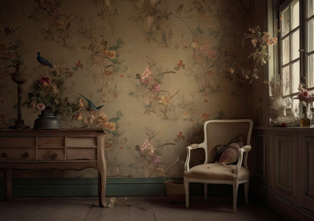 vintage chair in the interior of an old room with a wall of flowersの素材