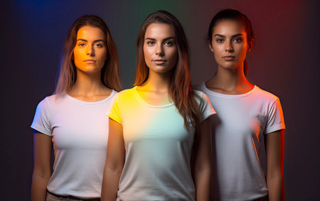 Portrait of three young women in white t-shirts on multicolored backgroundの素材