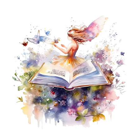 Cute fairy reading book on stack of books, watercolor hand draw illustrartion; can be used for kid poster or card, on transparent background. Ai generativeの素材