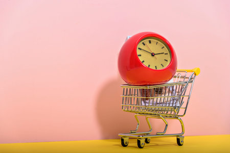 A supermarket trolley with old vintage alarm clock on pink and yellow background. Shopping,...