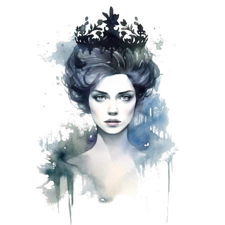 Watercolor illustration of portrait of an elegant lady in traditional 19th century Victorian clothing on transparent backgroundの素材