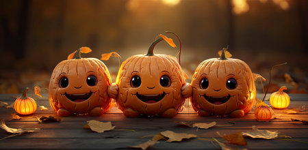 Halloween pumpkins on an old wooden table. Conceptual still life on the theme of Halloweenの素材