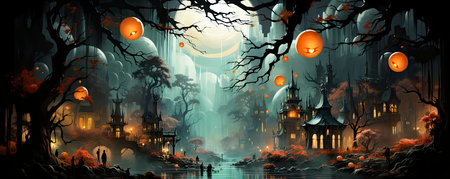 Halloween night with a spooky house and bats, halloween backgroundの素材
