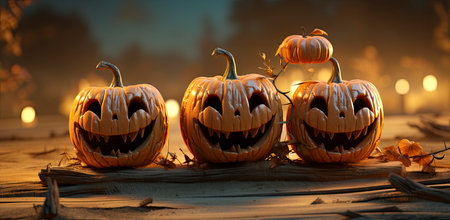 Halloween Pumpkins On Wood In A Spooky Forest At Nightの素材