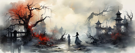 Love and bloody story. Halloween love scene. Illustration for tickets, flyer and advertisingの素材