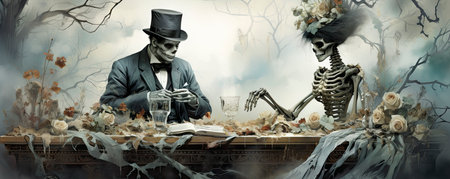 Wedding couple in medieval costumes with vampire style make up standing in the dark, Halloween themeの素材