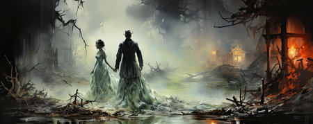 Wedding couple in medieval costumes with vampire style make up standing in the dark, Halloween themeの素材