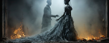 Wedding couple in medieval costumes with vampire style make up standing in the dark, Halloween themeの素材