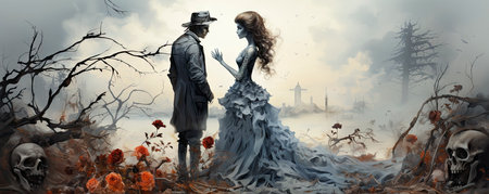 Wedding couple in medieval costumes with vampire style make up standing in the dark, Halloween themeの素材