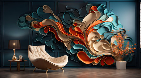 Modern living room interior design with armchair and vase on wooden floorの素材