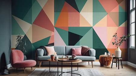 Interior of modern living room with colorful geometric pattern on the wall, 3d renderの素材
