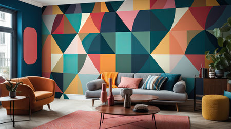 Interior of modern living room with colorful geometric pattern wall. 3d renderの素材