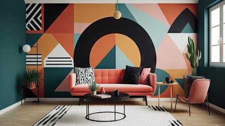 Interior of modern living room with orange and blue walls, wooden floor, comfortable pink sofa and armchairs near round coffee table. 3d renderingの素材