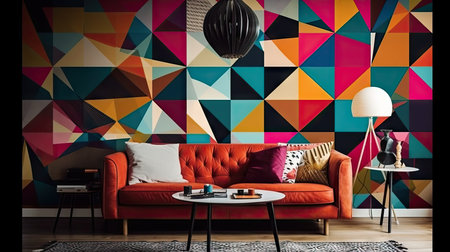 Interior of modern living room with red sofa, coffee table and colorful geometric wallの素材