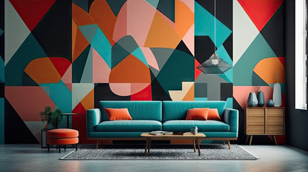 Interior of modern living room with blue sofa, coffee table and colorful wall. 3d renderingの素材