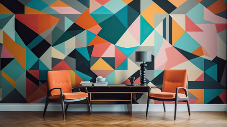 Interior of modern living room with colorful geometric wallpaper, orange armchairs and coffee table. 3d renderの素材