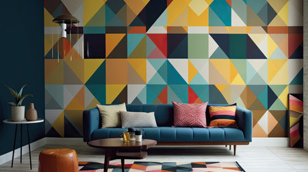 interior of modern bright living room with colorful geometric pattern, 3d render illustrationの素材