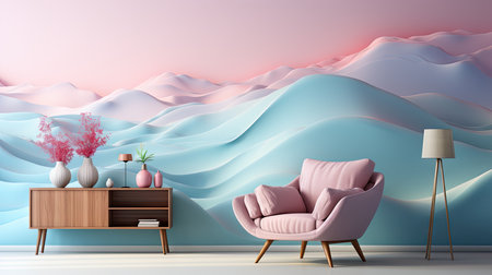 Minimalist living room interior design with pink armchair, coffee table, vase with flower, 3d renderingの素材