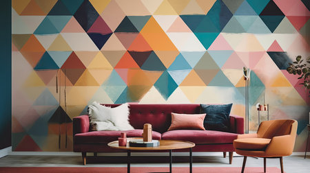 Interior of modern living room with colorful wallpaper, sofa and coffee tableの素材